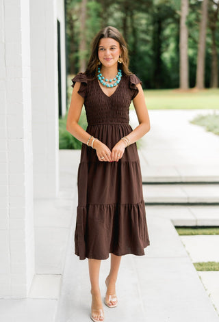 Rylee Ruffled Sleeve Dress-Chocolate - Instyle Boutique