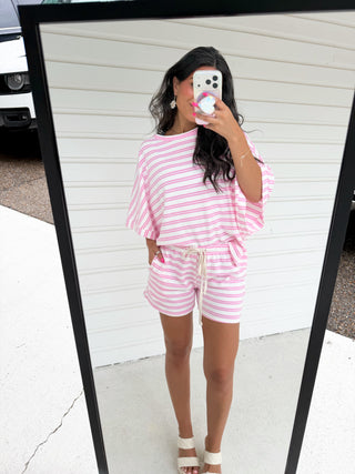 Pink Stripe French Terry Shorts Set