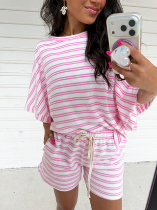 Pink Stripe French Terry Shorts Set