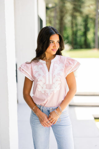 Barely Blush Floral Applique Flutter Sleeve Top - Instyle Boutique