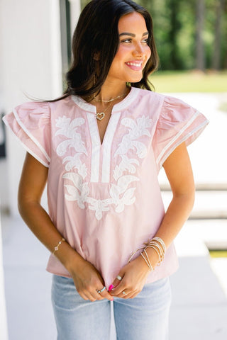 Barely Blush Floral Applique Flutter Sleeve Top - Instyle Boutique