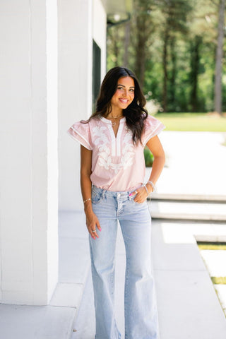Barely Blush Floral Applique Flutter Sleeve Top - Instyle Boutique