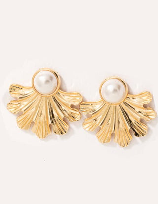 Pearl & Golden Leaf Fan Earrings