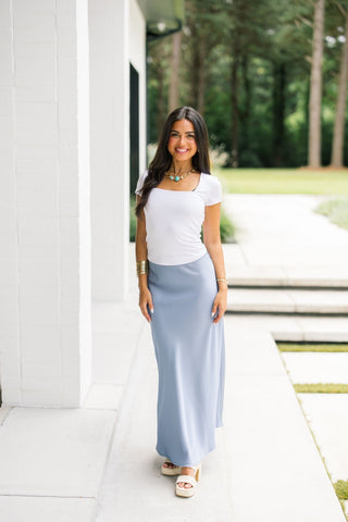 Steel Blue Satin Midi Skirt