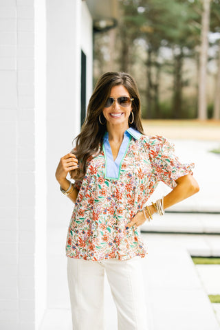 Cheerful Charm Contrast Collar Top - Instyle Boutique