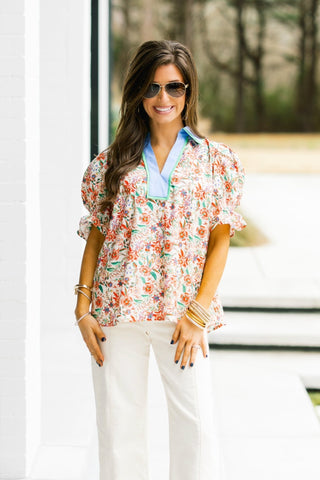 Cheerful Charm Contrast Collar Top - Instyle Boutique