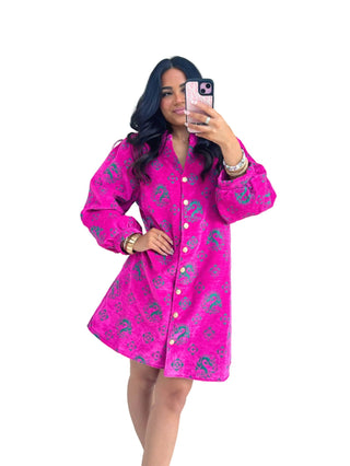 Vibrant Hot Pink Jacquard Ruffled Button - Down Mini Dress - Instyle Boutique