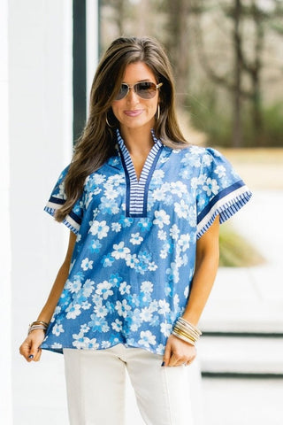 Indigo Daisies Floral Top - Instyle Boutique