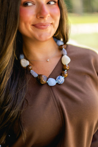 Marble Stone & Ceramic Ball Necklace - Light Blue/Tortoise - Instyle Boutique