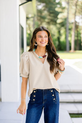 Sandstone Puff Sleeve Ruffle Top - Instyle Boutique