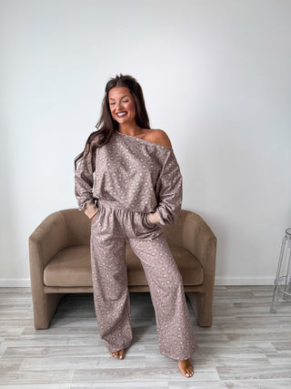 BIRDIE PREORDER Relaxed Terry Wide Leg Pants in Toasted Toffee Leopard - Instyle Boutique