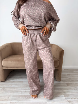 BIRDIE PREORDER Relaxed Terry Wide Leg Pants in Toasted Toffee Leopard - Instyle Boutique