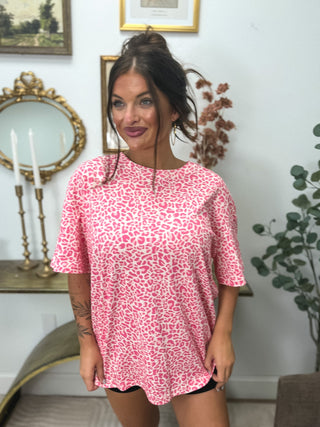 BIRDIE PREORDER Premium Blend Oversized Tee in Pink Party Leopard - Instyle Boutique