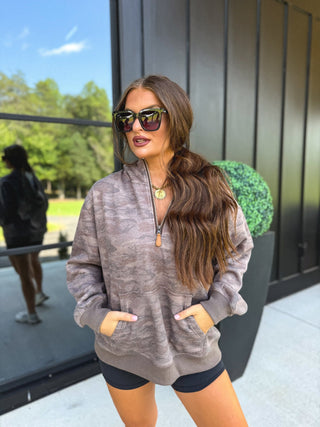 BIRDIE PREORDER Comfort Weight Quarter Zip Pullover in Smoked Oak Camo - Instyle Boutique