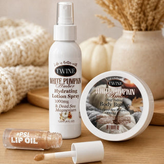 FALL BUNDLE - WHITE PUMPKIN AMBER BODY BUTTER AND HYDRATING LOTION SPRAY WITH PUMPKIN SPICED LATTE LIP OIL