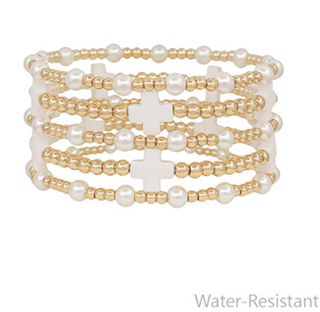 White Cross and Pearl Bracelet Set