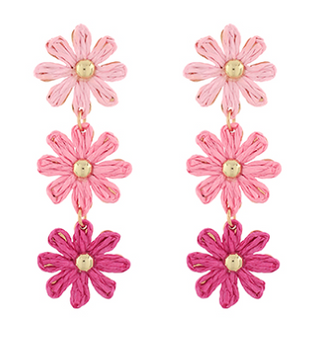 Triple Pink Flower Raffia Earrings