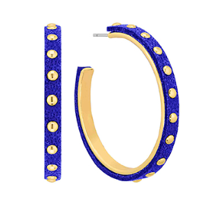 Gold Studded Blue Leather Hoop Earrings