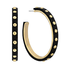 Gold Studded Black Leather Hoop Earrings
