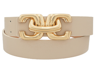 Beige belt with a gold chain-like buckle on a white background