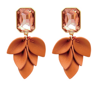 Orange Leather Leaf & Stone Earrings
