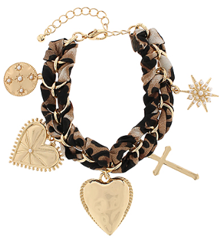 Gold chain bracelet with woven leopard scarf fabric and dangling heart, cross, and star charms.