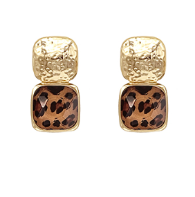 Gold hammered top earrings with leopard print resin stones; statement animal print jewelry.