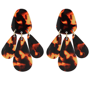 Tortoise shell drop earrings with layered teardrop resin design; bold statement jewelry.