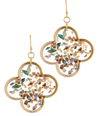 Gold clover-shaped drop earrings with clear resin and multicolor confetti accents; lightweight statement jewelry.