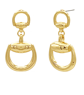 Gold horse bit-inspired drop earrings with polished finish; equestrian statement jewelry.