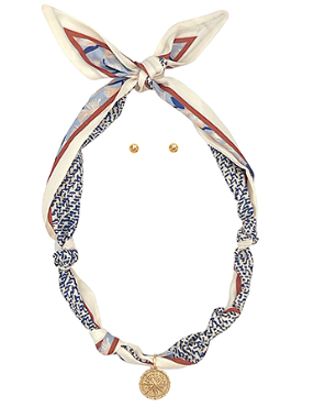 Printed scarf necklace with gold coin pendant