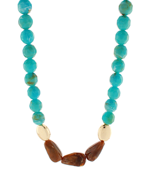 Turquoise bead necklace with brown polished stones and gold accent beads.