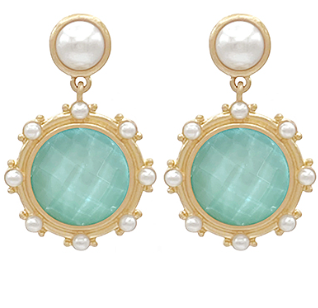 Aqua drop earrings with faceted stones framed in gold and pearl accents; statement jewelry.