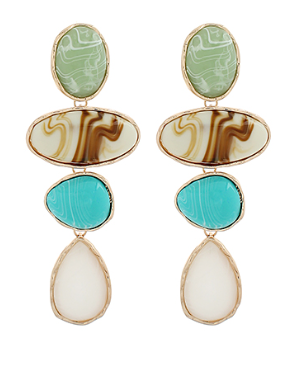 Multi-stone drop earrings with green, marbled brown, turquoise, and ivory stones framed in gold.