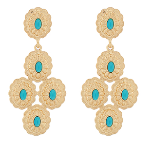 Gold embossed drop earrings with turquoise stone centers; southwest-inspired statement jewelry.