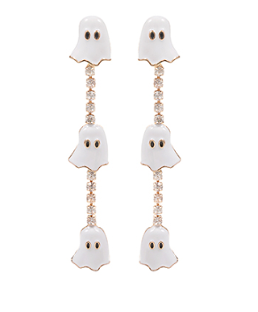 White enamel ghost drop earrings with rhinestone connectors; playful Halloween jewelry.