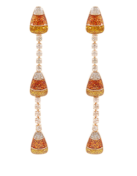 Glitter candy corn drop earrings with rhinestone connectors; festive Halloween jewelry.