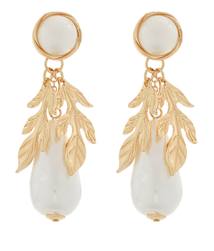 Pearl drop earrings with cascading gold leaf accents; elegant statement jewelry.