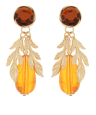 Amber drop earrings with faceted amber studs and cascading gold leaf accents; autumn statement jewelry.