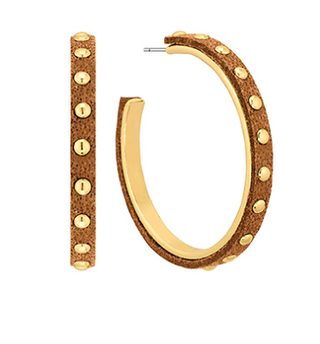 Gold Studded Mocha Leather Hoop Earrings
