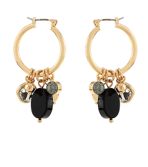 Gemstone Charm Hoop Earrings- Black