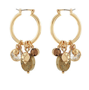 Gemstone Charm Hoop Earrings- Brown