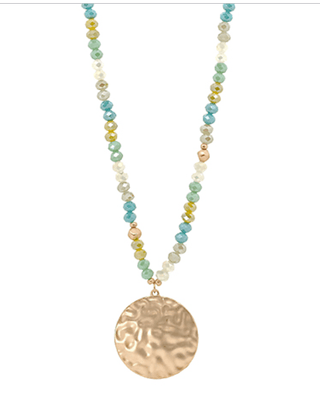Round Pendant & Glass Beads Necklace - Green - Instyle Boutique