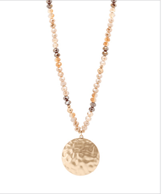 Round Pendant & Glass Beads Necklace - Champagne - Instyle Boutique