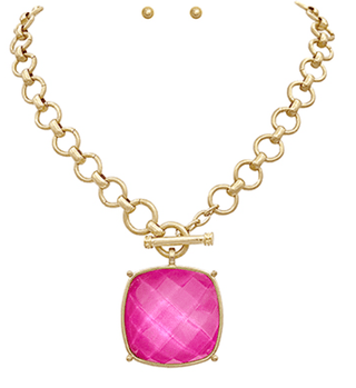 Square Bold Stone Pendant Necklace - Fushia/Gold - Instyle Boutique