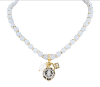 Coin Pendant & Bead Necklace - Light blue/Gold - Instyle Boutique