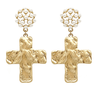 Hammered Cross & Pearl Drop Earrings - Vintage Gold - Instyle Boutique