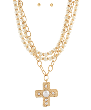 Triple Layered Pearl Cross Necklace - Instyle Boutique