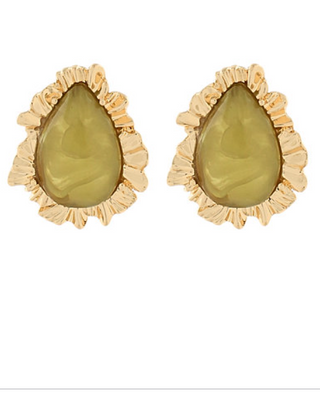 Green Ruffle Frame Gold Stud Earrings
