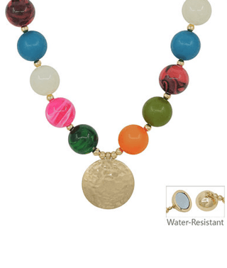 Multicolor Bead Hammered Coin Pendant Necklace